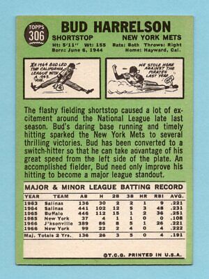 1967 Topps #306 Bud Harrelson New York Mets Rookie Baseball Card Ex/Mt 