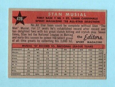 1958 Topps #476 Stan Musial All-Star St. Louis Cardinals Baseball Card E/M apwrk