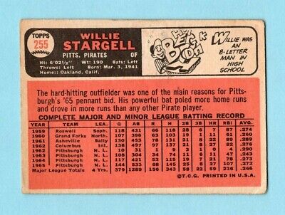 1966 Topps #255 Willie Stargell Pittsburgh Pirates Baseball Card VG wrk