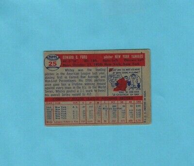 1957 Topps #25 Whitey Ford New York Yankees Baseball Card VG wrk/cres