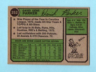 1974 Topps #252 Dave Parker Pittsburgh Pirates Rookie Baseball Card EX  