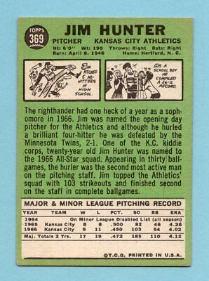 1967 Topps #369 Jim Hunter Kansas City Athletics Baseball Card Vg/Ex 