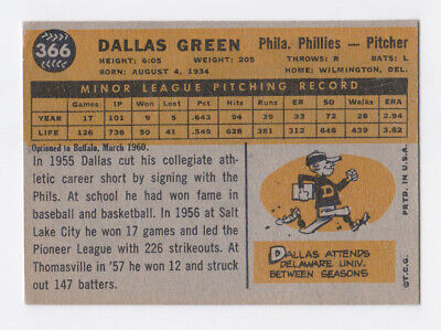 1960 Topps #366 Dallas Green Phila Phillies Rookie Baseball Card EX+ ap tcrc