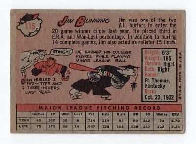 1958 Topps #115 Jim Bunning Detroit Tigers Baseball Card EX ap wrk tl