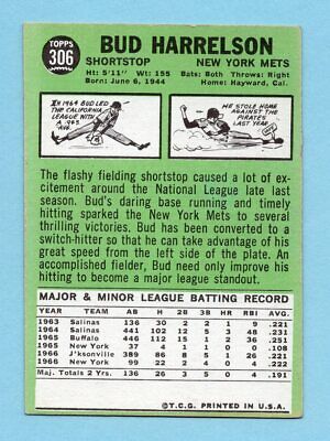 1967 Topps #306 Bud Harrelson New York Mets Rookie Baseball Card EX+ ap sta d sh