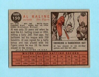 1962 Topps #150 Al Kaline Detroit Tigers Baseball Card EX - EX+  