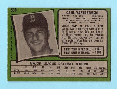 1971 Topps #530 Carl Yastrzemski Boston Red Sox Baseball Card EX+ o/c