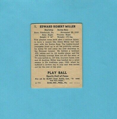 1941 Play Ball (R336) #1 Eddie Miller Boston Bees Baseball Card VG w/crease