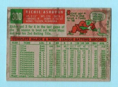 1959 Topps #300 Richie Ashburn Philadelphia Phillies Baseball Card EX stas bk