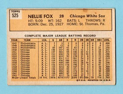 1963 Topps #525 Nellie Fox Chicago White Sox High Number Baseball Card VG+ 