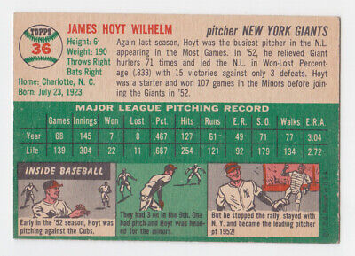 1954 Topps #36 Hoyt Wilhelm New York Giants Baseball Card EX+ wrks