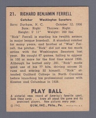 1940 Play Ball #21 Rick Ferrell Washington Senators Baseball Card EX o/c 