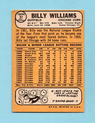 1968 Topps #37 Billy Williams Chicago Cubs Baseball Card EX