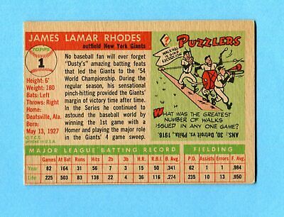 1955 Topps #1 Dusty Rhodes New York Giants Baseball Card EX o/c