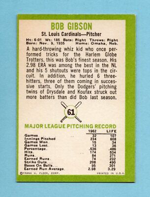 1963 Fleer #61 Bob Gibson St. Louis Cardinals Baseball Card NM o/c 