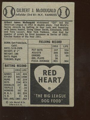 1954 Red Heart Dog Food Baseball Card Gil McDougald New York Yankees VGEX