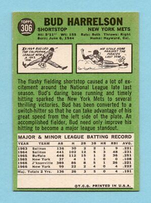 1967 Topps #306 Bud Harrelson New York Mets Rookie Baseball Card Ex/Mt 