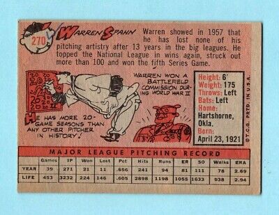 1958 Topps #270 Warren Spahn Milwaukee Braves Baseball Card E/M o/c ap pmb scrs