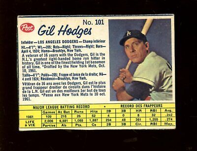 1962 Post Cereal Canadian Baseball Card #101 Gil Hodges Los Angeles Dodgers