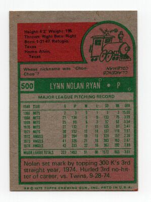 1975 Topps #500 Nolan Ryan California Angels Baseball Card EX+  