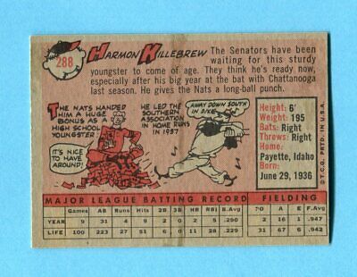 1958 Topps #288 Harmon Killebrew Washington Senators Baseball Card NM o/c