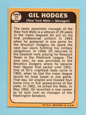 1968 Topps #27 Gil Hodges New York Mets Baseball Card NM  