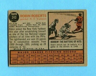 1962 Topps #243 Robin Roberts New York Yankees Baseball Card EX o/c 