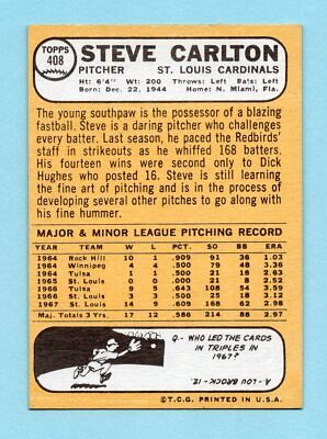 1968 Topps #408 Steve Carlton St. Louis Cardinals Baseball Card NM o/c lgt ind