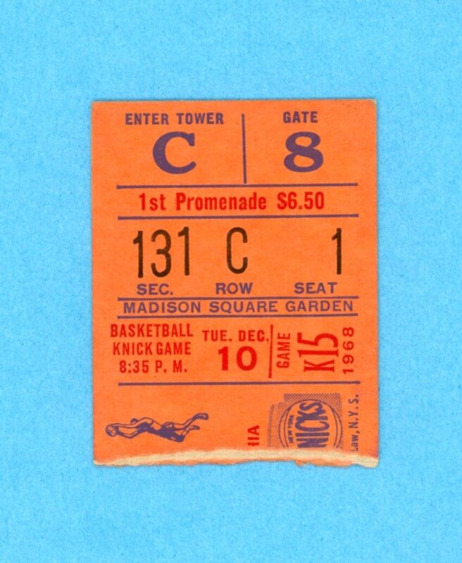 Dec. 10, 1968 Ticket Stub Phoenix Suns vs NY Knicks at Madison Square Garden