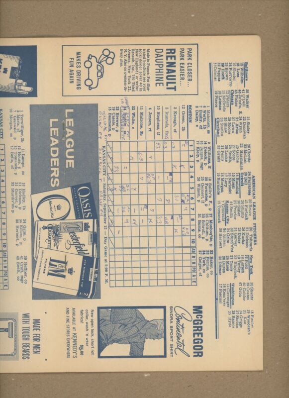 1959 Boston Red Sox Original Scorecard Neatly Scored Ted Williams Pic inside