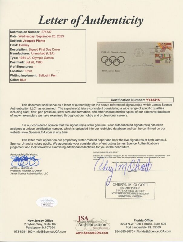 Jacques Plante Hockey HOFer Signed 1983 Olympics FDC Auto with JSA LOA