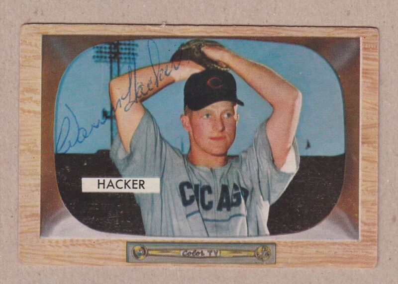 Warren Hacker Signed 55 Bowman Card #8 with B&E Hologram