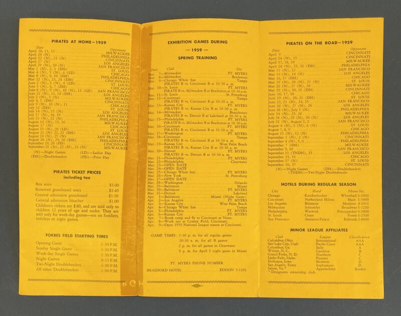 1959 Pittsburgh Pirates Spring Training Roster Brochure with Clemente - taped