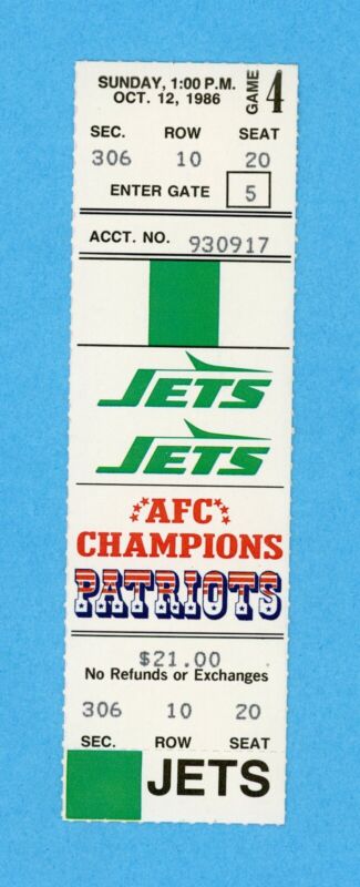 10/12/86 New York Jets at New England Patriots Full Ticket