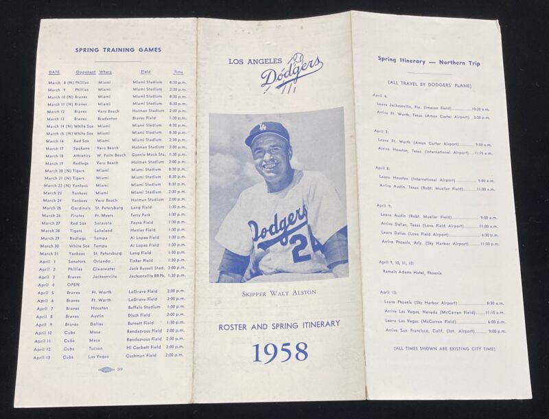 1958 L.A. Dodgers Roster and Spring Itinerary - Walt Alston Cover