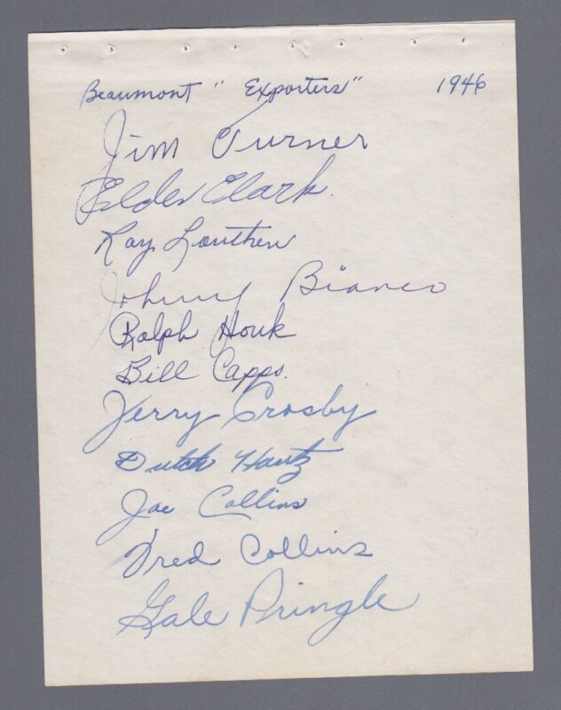 ’46 Beaumont Exporters Autograph Page 11 Sigs Collins, Turner, Houk, etc JSA LOA