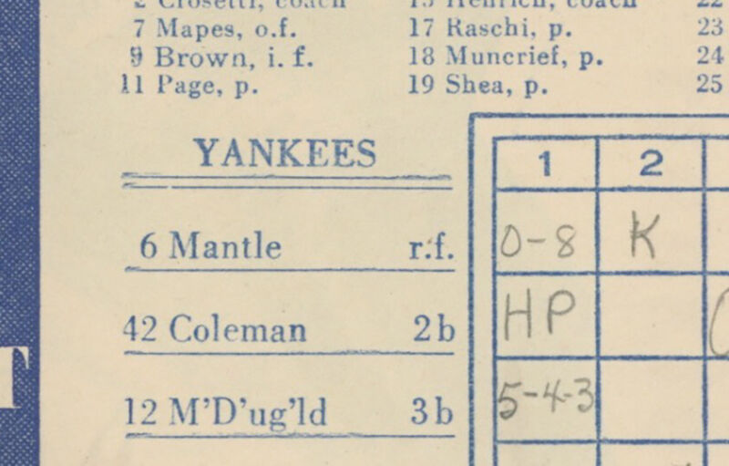 4/29/51 NY Yankee Program with Mickey Mantle Jersey #6 vs. Senators - Scored