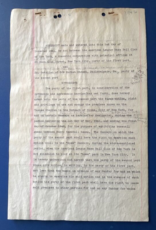 12/2/1941 Negro League Yankee Stadium Use Contract Signed Ed Barrow & Gottlieb