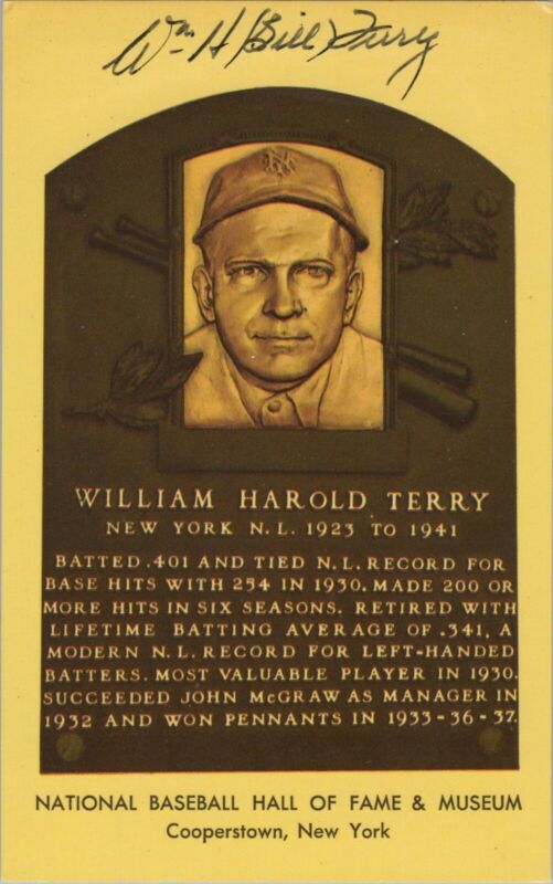 W.H. Bill Terry Signed Yellow HOF Plaque with B&E Hologram