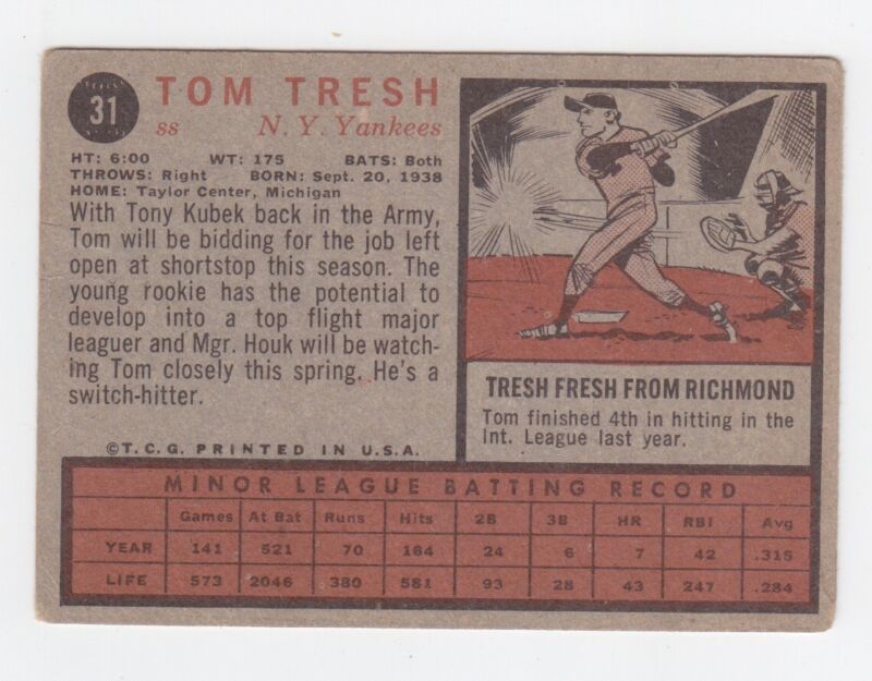 1962 Topps Tom Tresh Signed Card #31 Auto with B&E Hologram