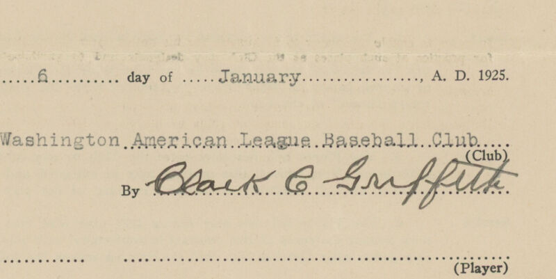 1925 MLB Player O.L. Bluege's Contract Signed by Clark Griffith