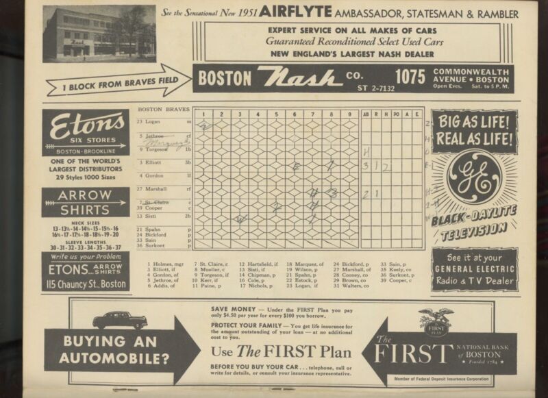 1951 Boston Braves Baseball Program vs Pittsburgh Pirates • scored