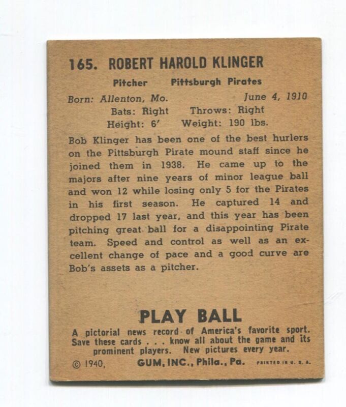 1940 Play Ball #165 Bob Klinger EX+