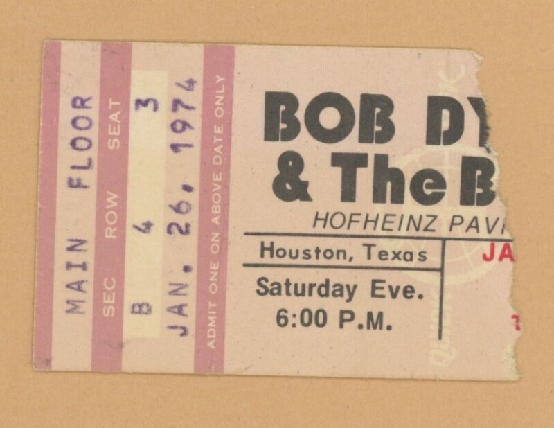 1/26/74 Bob Dylan & The Band • Houston TX Concert Ticket Stub