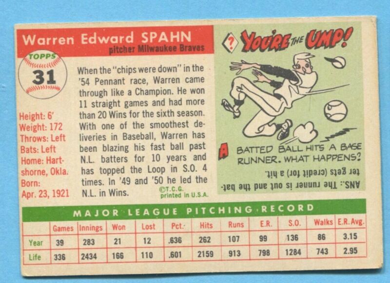 1955 Topps #31 Warren Spahn VG/EX o/c