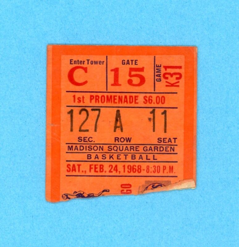 Feb. 24, 1968 Ticket Stub Chicago Bulls vs NY Knicks at Madison Square Garden