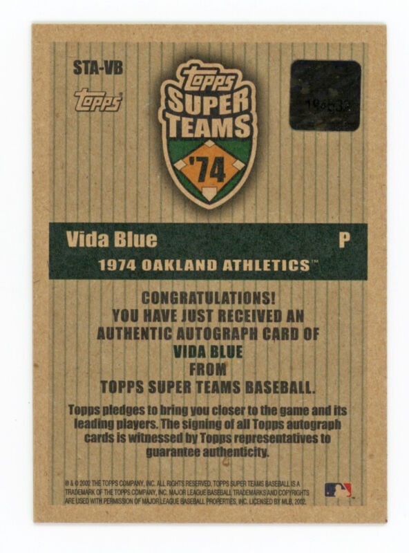 2002 Topps Super Teams Vida Blue Signed Certified Auto Card