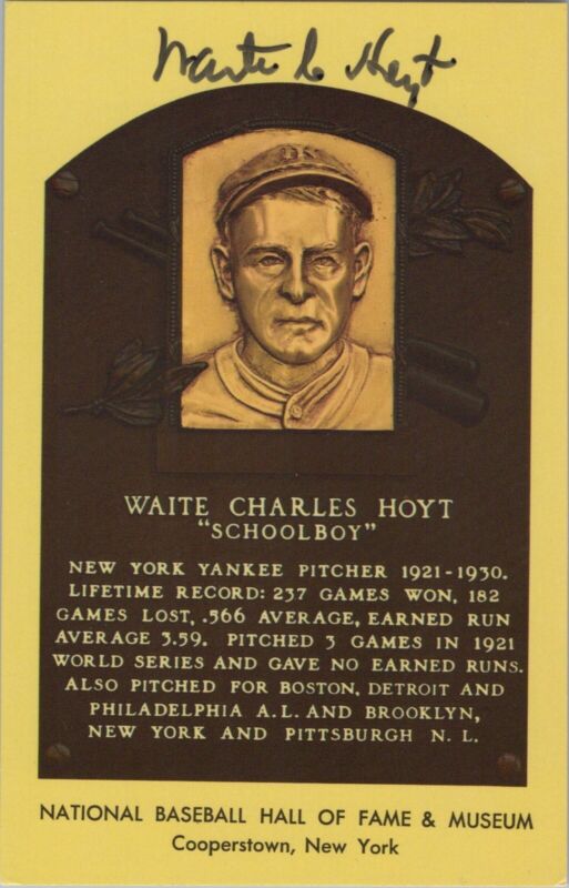 Waite Hoyt Signed Yellow HOF Plaque with B&E Hologram