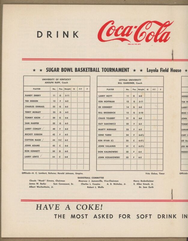 12-30-63 College Basketball Program Auburn vs Duke ; Kentucky vs. Loyola