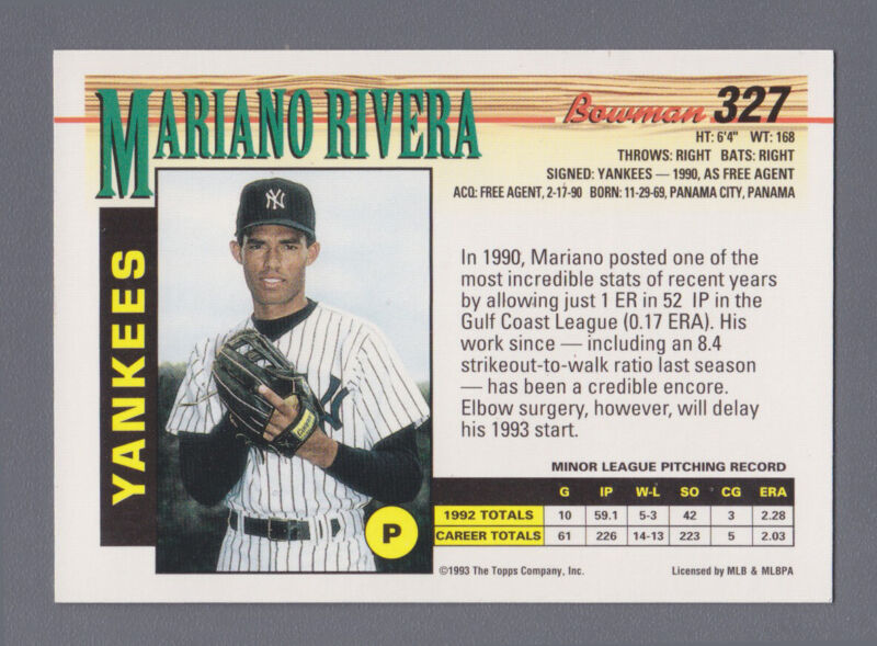 Mariano Rivera SIGNED 1993 Bowman Card #327 Auto w/ B&E Hologram NM